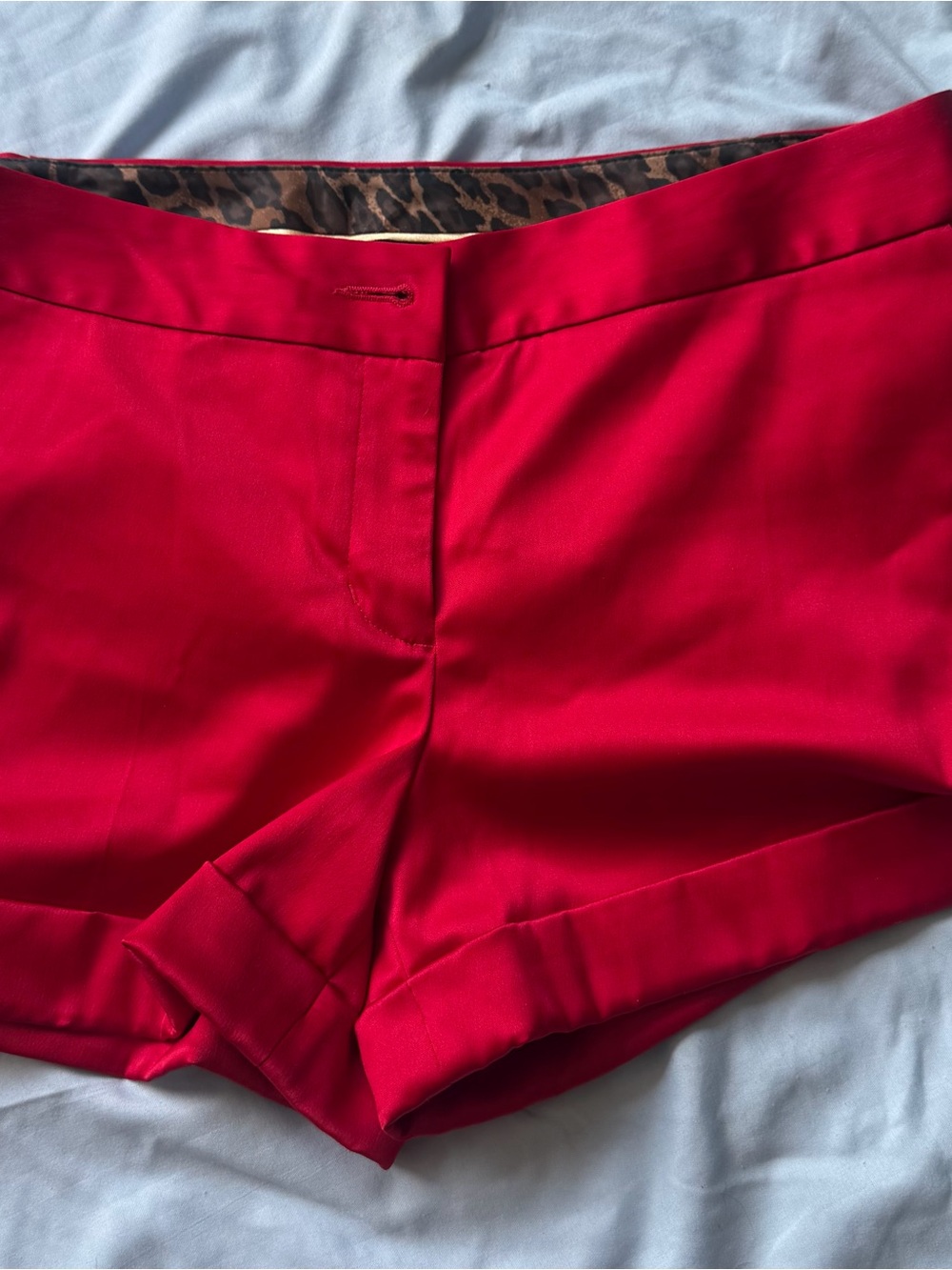 Express Design Studio Red Satin Tailored Cuffed Shorts Leopard Lining Size 8
